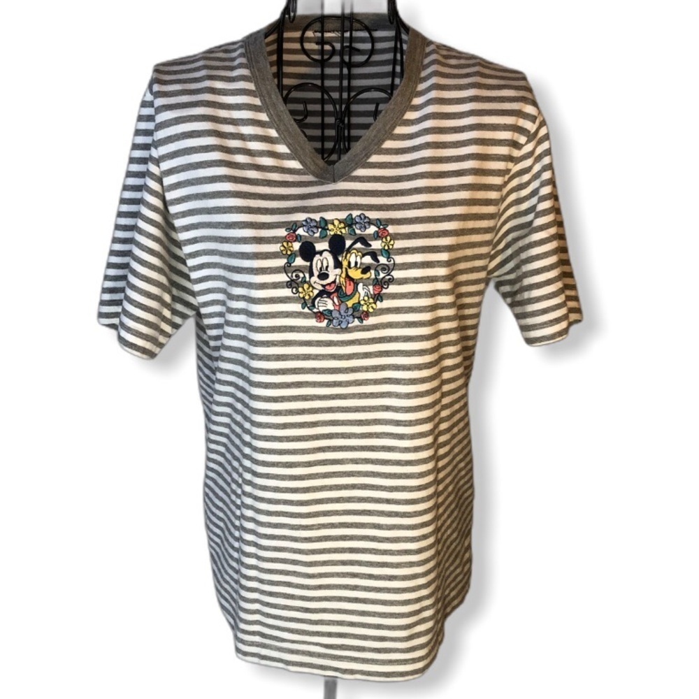 Mickey Pluto Embroidered Striped V-neck T-shirt Size Small
